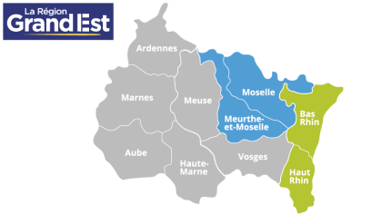 Carte région Grand Est - départements avec dispositif opérationnel et en démarrage